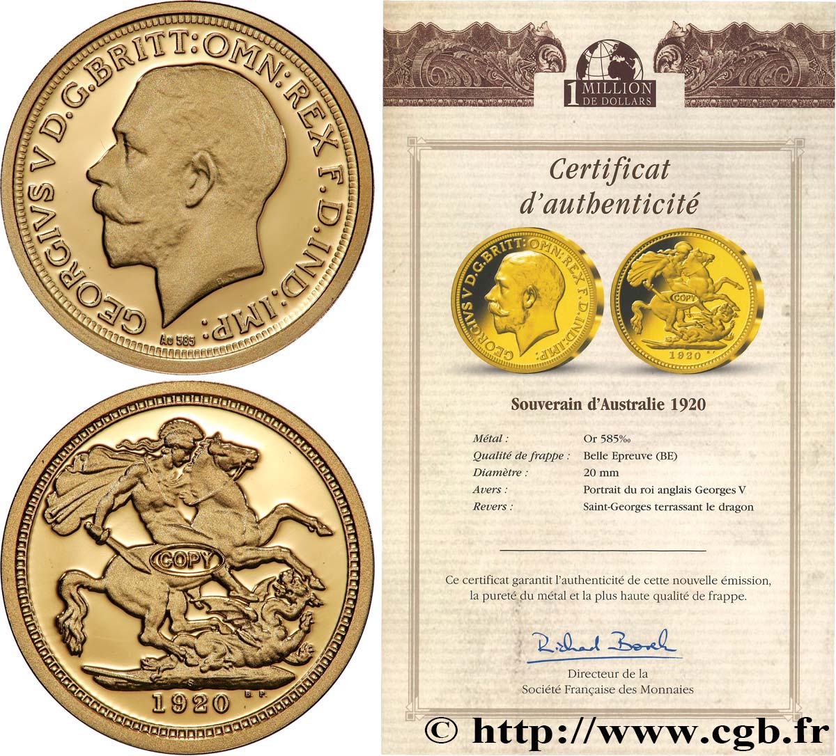 1 MILLION DOLLAR SERIES Médaille, Reproduction d’une monnaie, Souverain d’Australie de Georges V Proof set