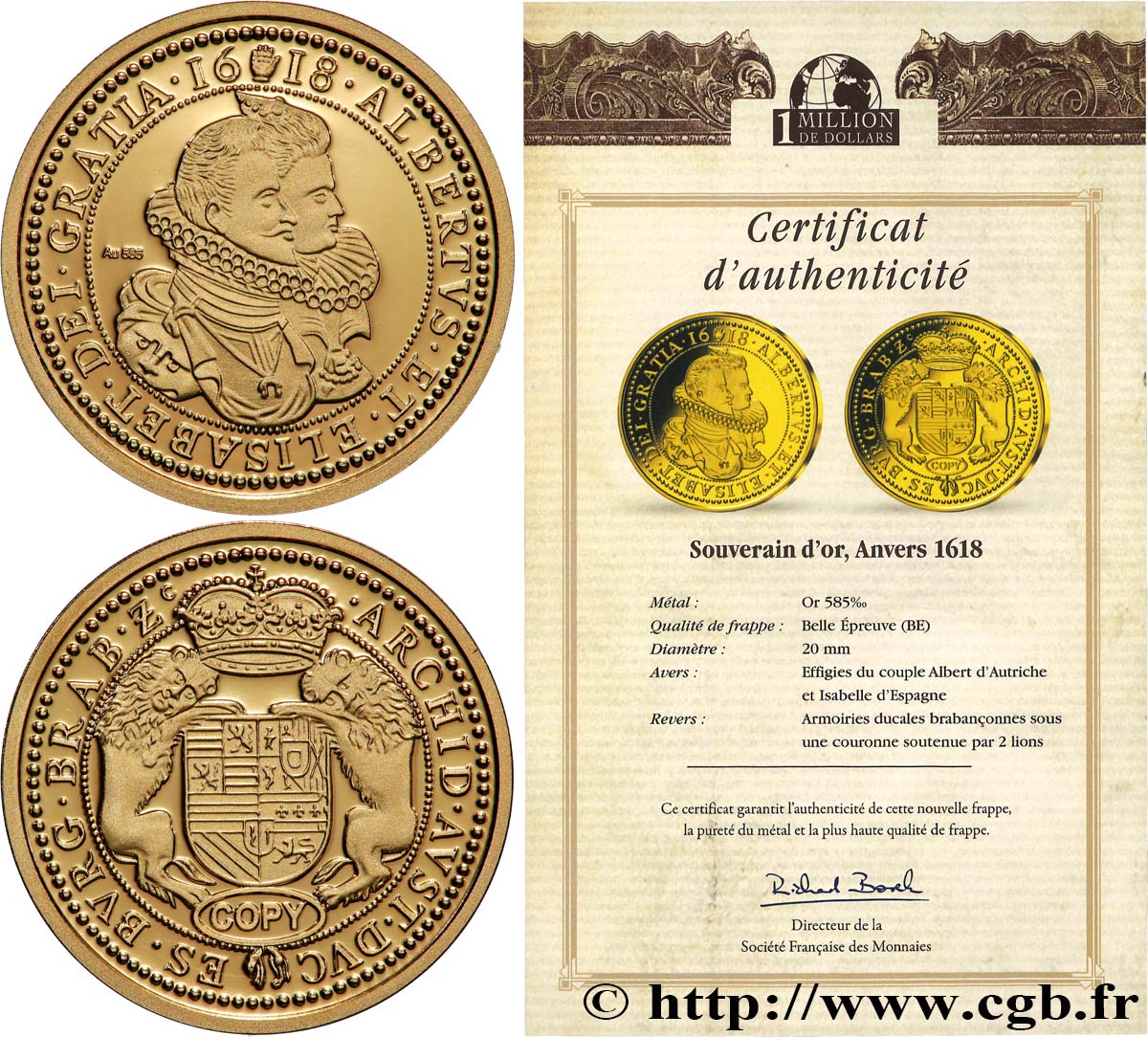 1 MILLION DOLLAR-SERIE Médaille, Reproduction d’une monnaie, Souverain d’Anvers Polierte Platte