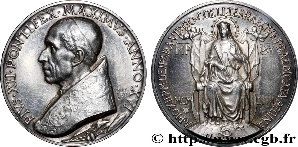 VATICAN - PIUS XII (Eugenio Pacelli) Médaille, Proclamation de la bienheureuse Vierge, reine du Ciel et de la Terre AU