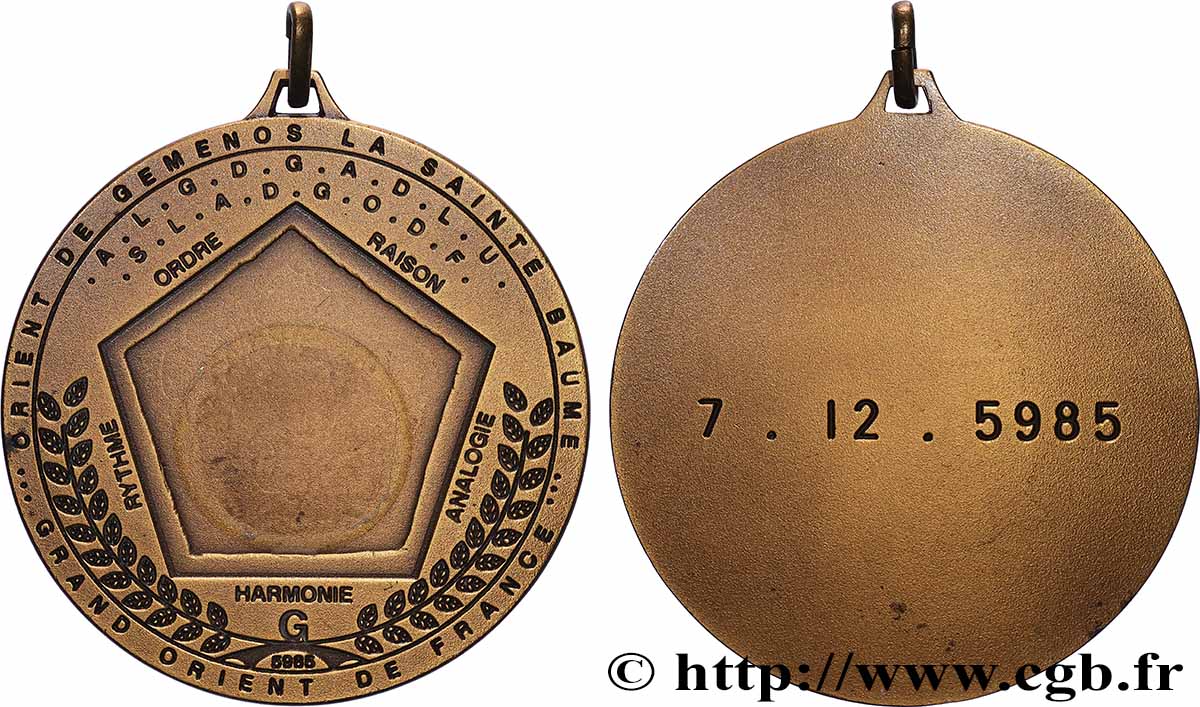 CINQUIÈME RÉPUBLIQUE Médaille, Orient de Gemenos la Sainte Baume TTB+