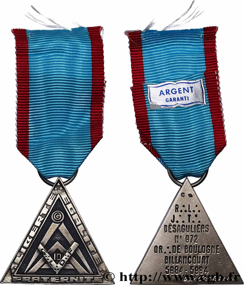 CINQUIÈME RÉPUBLIQUE Médaille, Orient de Boulogne-Billancourt, Loge 4:. T:. Desaguliers SUP