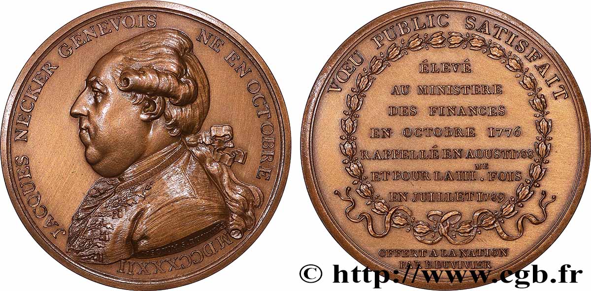 LOUIS XVI Médaille, Jacques Necker, refrappe AU