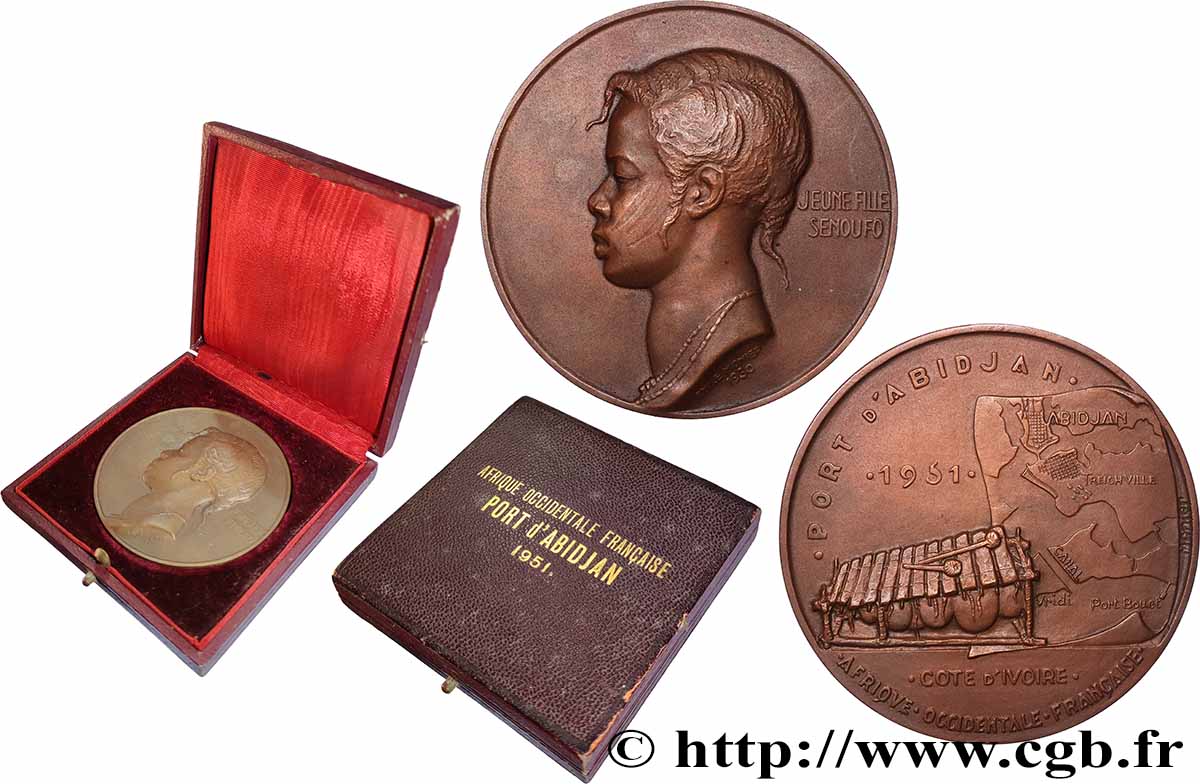 CÔTE D&nbsp;IVOIRE - RÉPUBLIQUE - FÉLIX HOUPHOUET BOIGNY Médaille, Jeune fille Senoufo, Port d’Abidjan TTB+