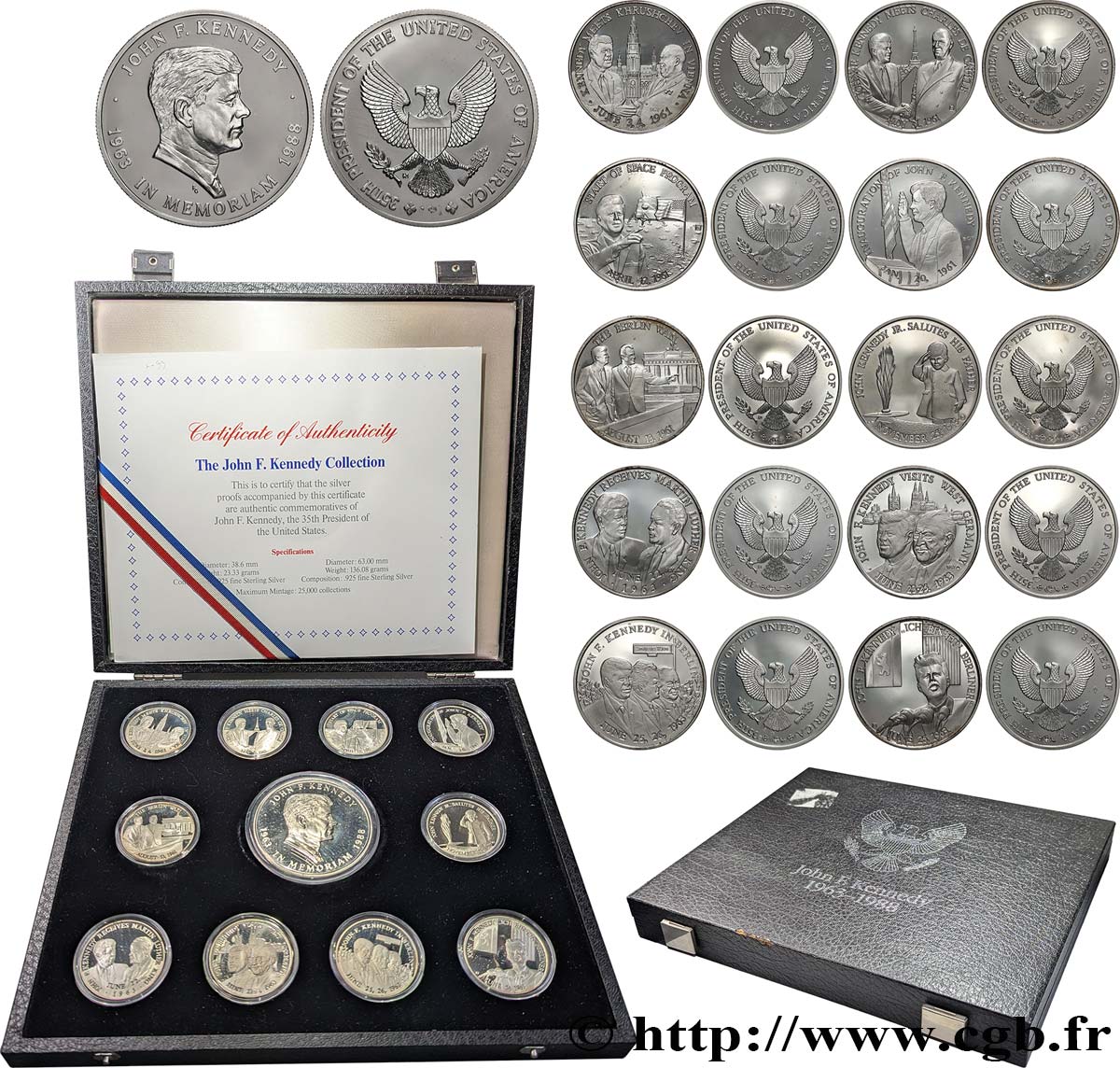 ÉTATS-UNIS D&nbsp;AMÉRIQUE Coffret de 11 médailles, Collection John F. Kennedy BE