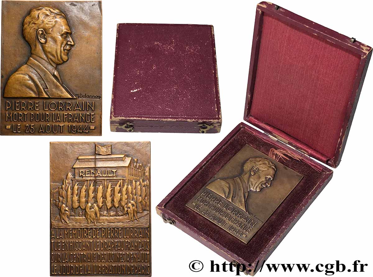 PROVISORY GOVERNEMENT OF THE FRENCH REPUBLIC Plaquette, Pierre Lorrain, mort pour la France AU