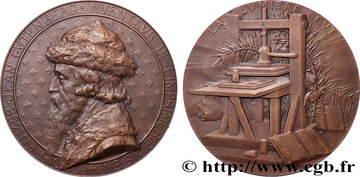 IMPRIMERIE ET PAPETERIE Médaille, Jean Guttenberg, inventeur de l’imprimerie AU