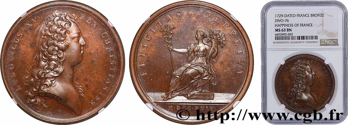 LOUIS XV DIT LE BIEN AIMÉ Médaille, Bonheur de la France MS63