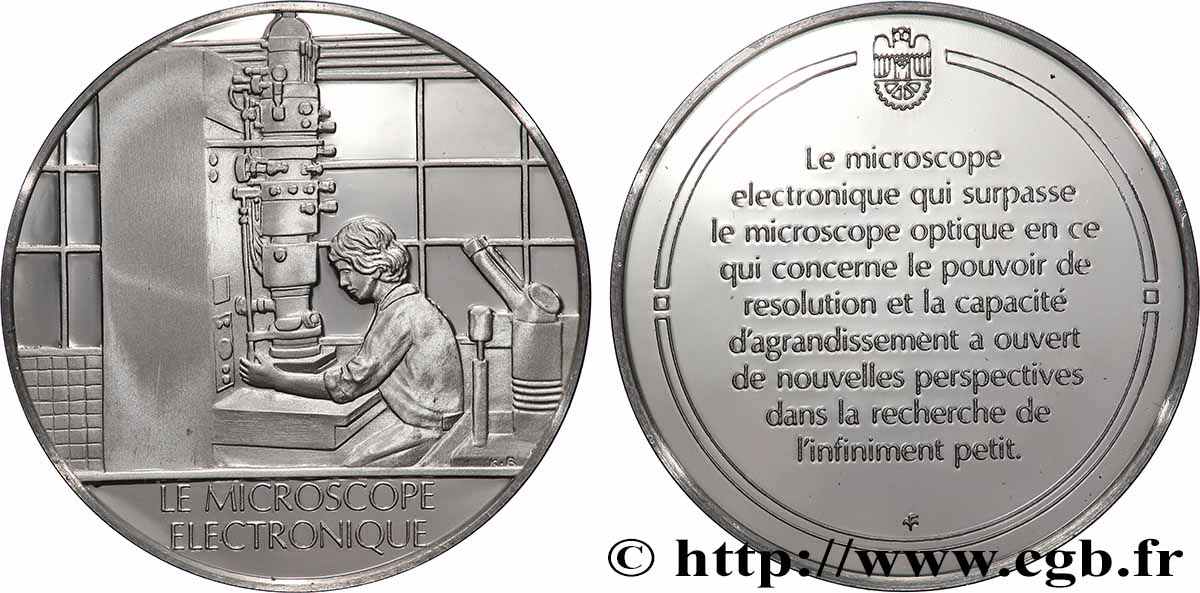 DIE 100 GRÖSSTEN ERFINDUNGEN DER MENSCHHEIT Médaille, Invention du microscope électronique Polierte Platte
