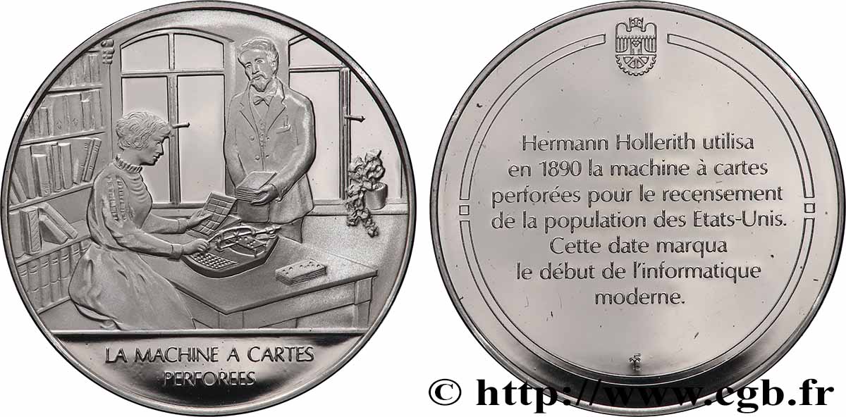 DIE 100 GRÖSSTEN ERFINDUNGEN DER MENSCHHEIT Médaille, Invention de la machine à cartes perforées Polierte Platte