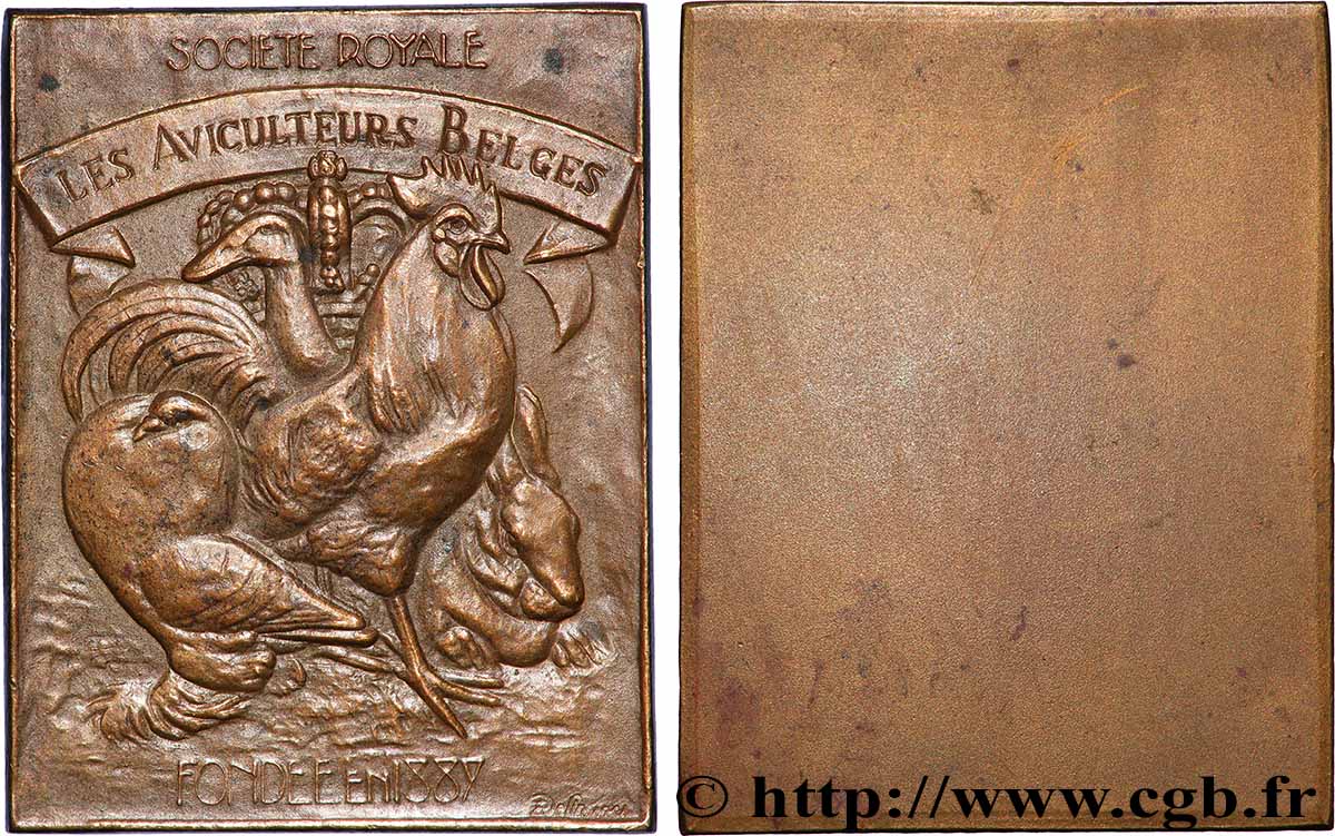 BELGIQUE - ROYAUME DE BELGIQUE - ALBERT Ier Plaquette, Société royale, Les aviculteurs belges TTB+