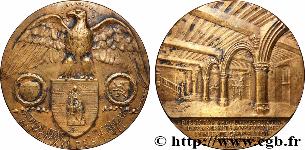 BELGIQUE - ROYAUME DE BELGIQUE - ALBERT Ier Médaille, Bibliothèque Universitaire de Louvain, remise en état TTB