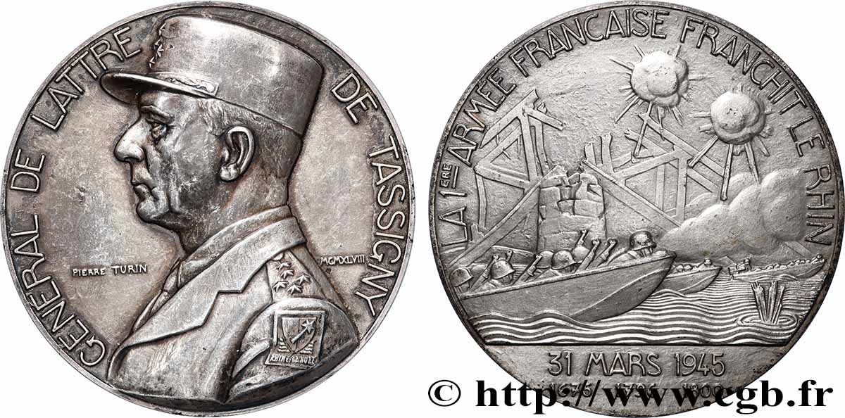 QUARTA REPUBBLICA FRANCESE Médaille, Général Jean de Lattre de Tassigny, Franchissement du Rhin BB