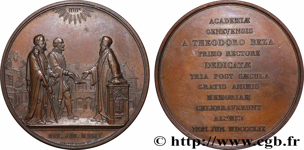 SUISSE - RÉPUBLIQUE DE GENÈVE Médaille, Souvenir du jubilé triséculaire de l&nbsp;Académie de Genève, Théodore de Bèze TTB+