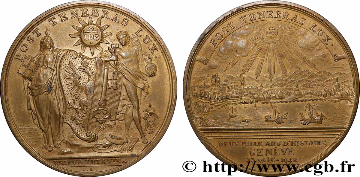 SUISSE - RÉPUBLIQUE DE GENÈVE Médaille, Deux mille ans d’histoire TTB+