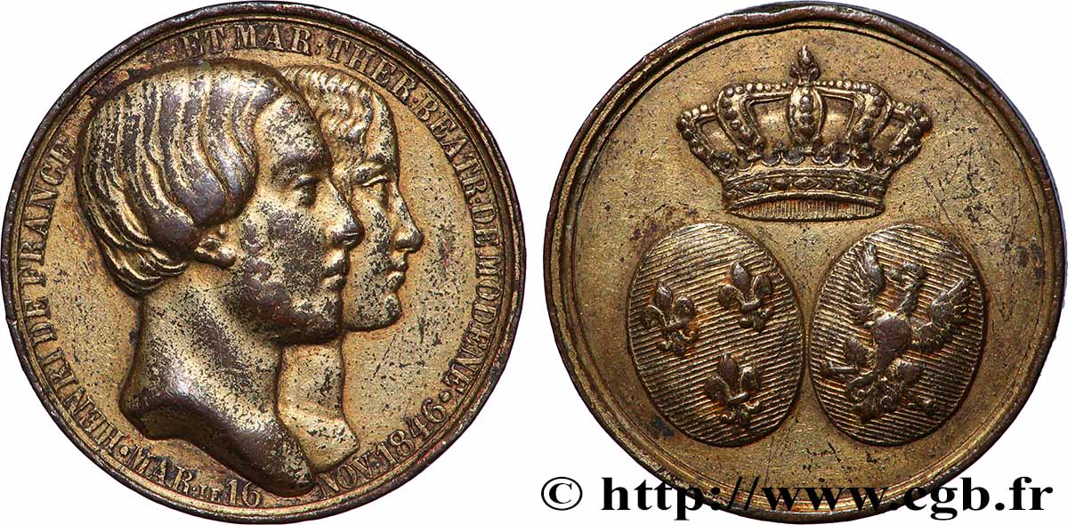 LOUIS-PHILIPPE Ier Médaille, Mariage d’Henri de France et Marie Thérèse de Modène TTB