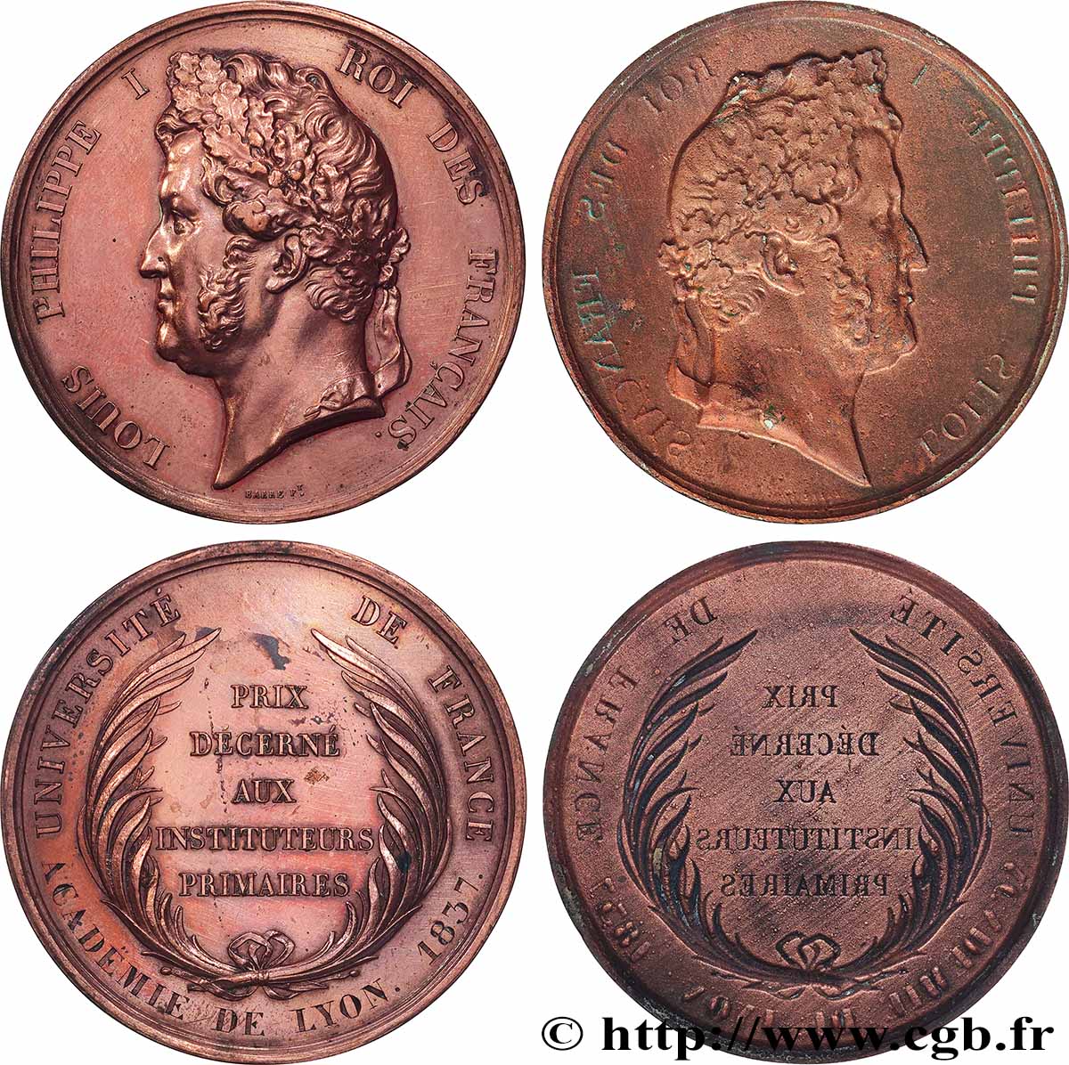 LOUIS-PHILIPPE Ier Lot de 2 médailles, Prix aux instituteurs primaires, Académie d’Aix TTB+
