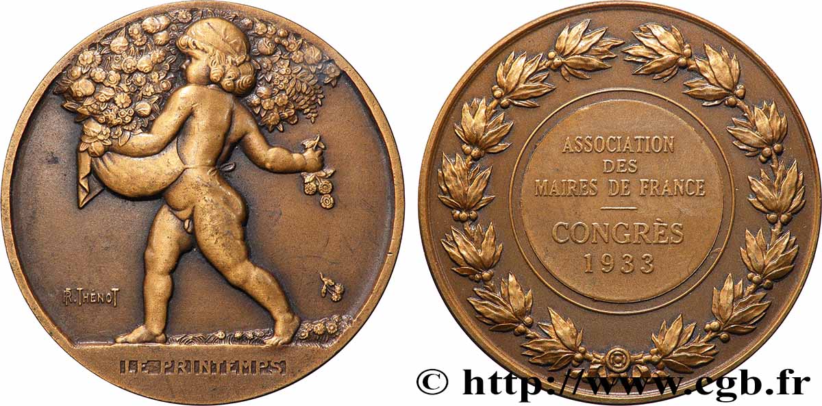 TERZA REPUBBLICA FRANCESE Médaille, Le printemps, Association des maires de France q.SPL