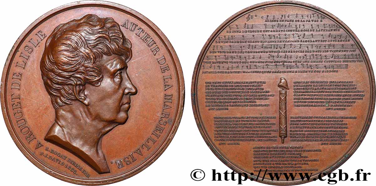 LITTÉRATURE : ÉCRIVAINS/ÉCRIVAINES - POÈTES Médaille, Claude Joseph Rouget de Lisle, auteur de la Marseillaise TTB+