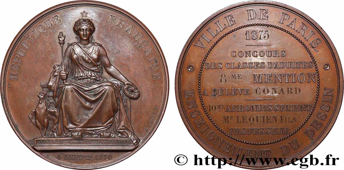 TROISIÈME RÉPUBLIQUE Médaille, Concours des classes d’adultes, Enseignement du dessin TTB+/SUP