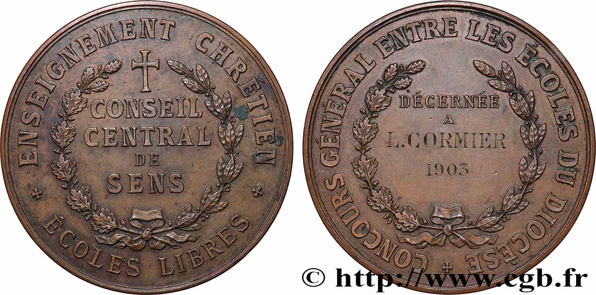 III REPUBLIC Médaille, Concours général entre les écoles du diocèse AU