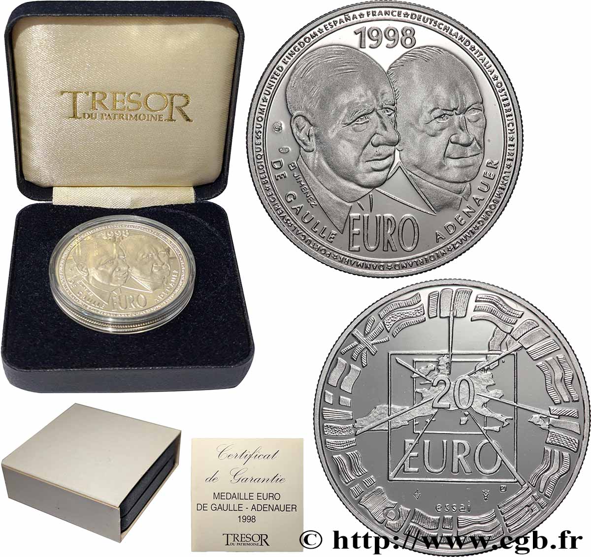 CINQUIÈME RÉPUBLIQUE Médaille, “Essai” 10 Euro De Gaulle / Adenauer en argent BE