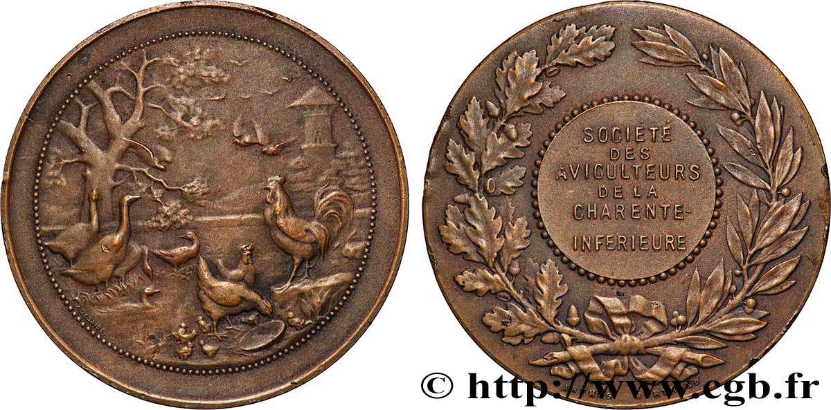 SOCIÉTÉS D&nbsp;AGRICULTURE, HORTICULTURE, PÊCHE ET CHASSE Médaille, Société des aviculteurs de la Charente-Inférieure TTB+
