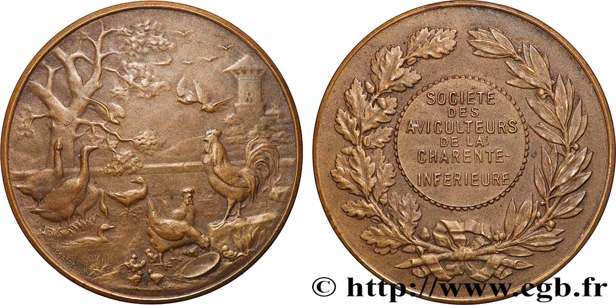 SOCIÉTÉS D&nbsp;AGRICULTURE, HORTICULTURE, PÊCHE ET CHASSE Médaille, Société des aviculteurs de la Charente-Inférieure TTB+