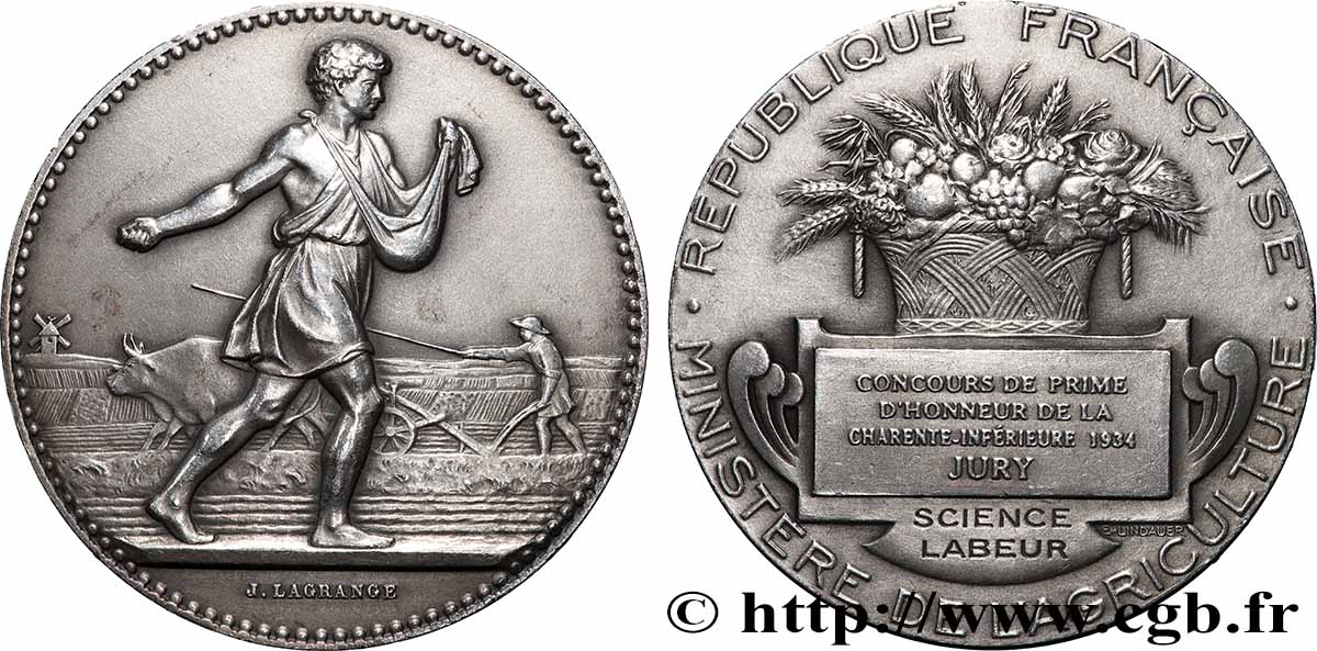 TROISIÈME RÉPUBLIQUE Médaille, Concours de prime d’honneur de la Charente-Inférieure, Jury TTB+