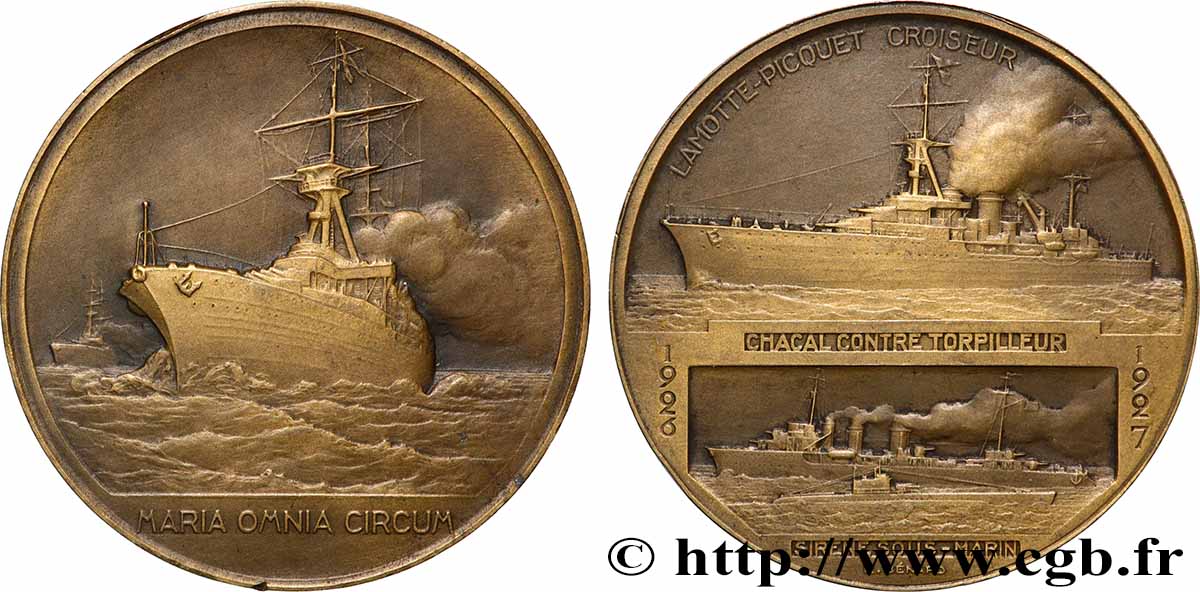 III REPUBLIC Médaille, Renaissance de la marine, Lancement du Croiseur Lamotte-Picquet, Contre torpilleur Chacal et Sous-marin Sirène AU