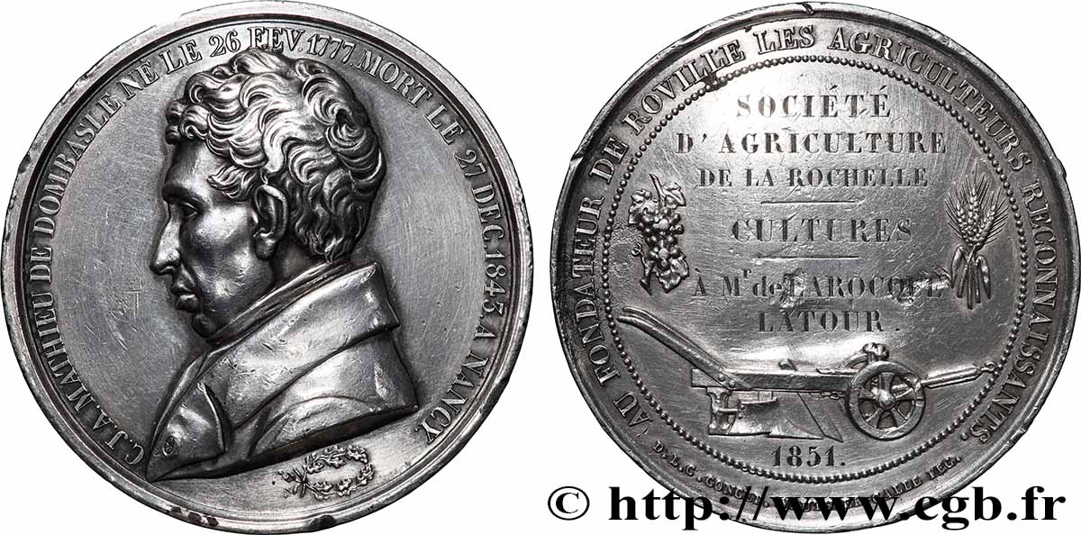 DEUXIÈME RÉPUBLIQUE Médaille, Mathieu de Dombasle, Société d’agriculture TTB