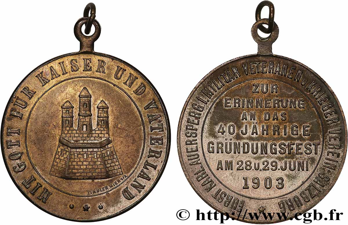 AUTRICHE - FRANÇOIS-JOSEPH Ier Médaille, 40e anniversaire de la fondation Association des anciens combattants et des vétérans militaires du prince  TTB+