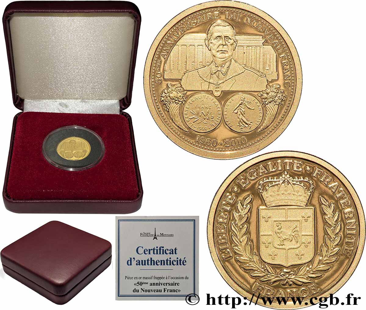 FUNFTE FRANZOSISCHE REPUBLIK Médaille, 50e anniversaire du nouveau franc Polierte Platte