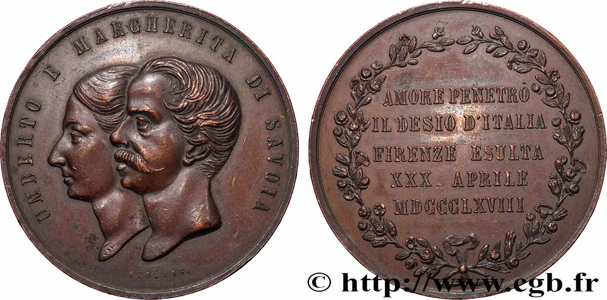 ITALIE - ROYAUME D&nbsp;ITALIE - HUMBERT Ier Médaille, Mariage de Humbert Ier et Marguerite de Savoie MBC