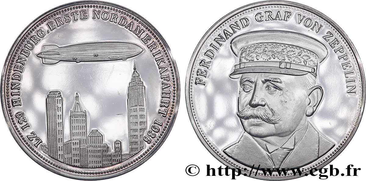 ALLEMAGNE Médaille,150e anniversaire de Ferdinand Graf von Zeppelin, Premier voyage en Amérique du Nord TTB+