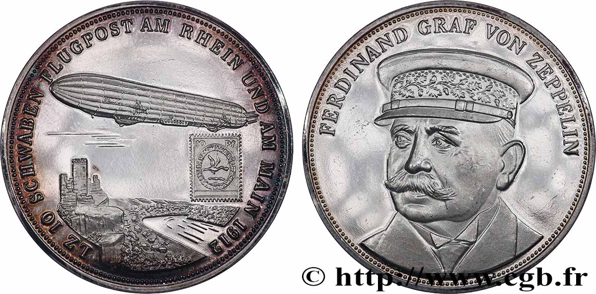 DEUTSCHLAND Médaille, 150e anniversaire de Ferdinand Graf von Zeppelin, Lz 10 courrier sur le Rhin et le Main fVZ
