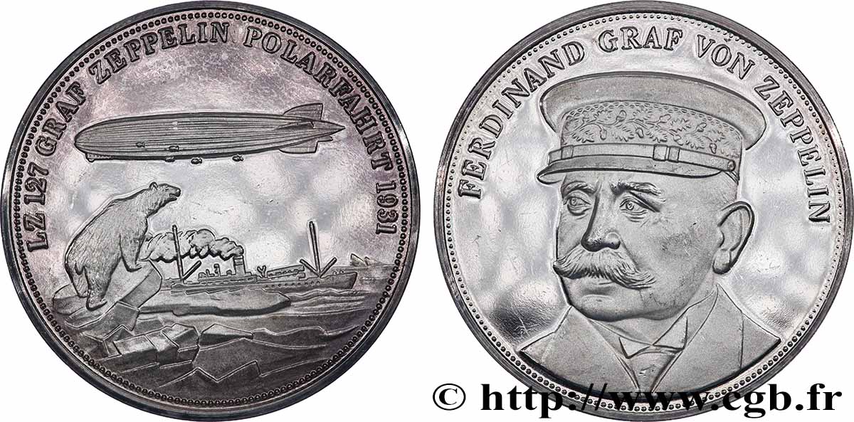 GERMANY Médaille, 150e anniversaire de Ferdinand Graf von Zeppelin, Premier vol long-courrier d&nbsp;un zeppelin, LZ 4 AU