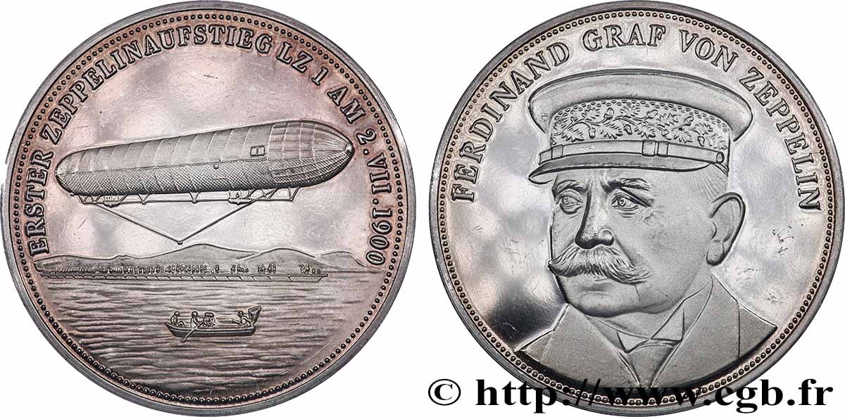 GERMANY Médaille, 150e anniversaire de Ferdinand Graf von Zeppelin, Premier vol long-courrier d&nbsp;un zeppelin, LZ 4 AU