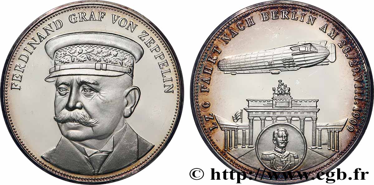 ALLEMAGNE Médaille, 150e anniversaire de Ferdinand Graf von Zeppelin, Le Zeppelin LZ 6  TTB+