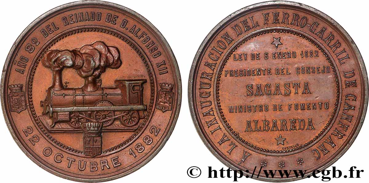 ESPAGNE - ROYAUME D&nbsp;ESPAGNE - ALPHONSE XII Médaille, Inauguration du chemin de fer de Canfranc TTB+