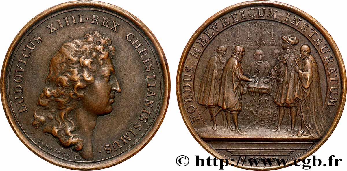 LOUIS XIV &nbsp;THE SUN KING&nbsp; Médaille, Renouvellement de l’alliance avec les Suisses, refrappe AU