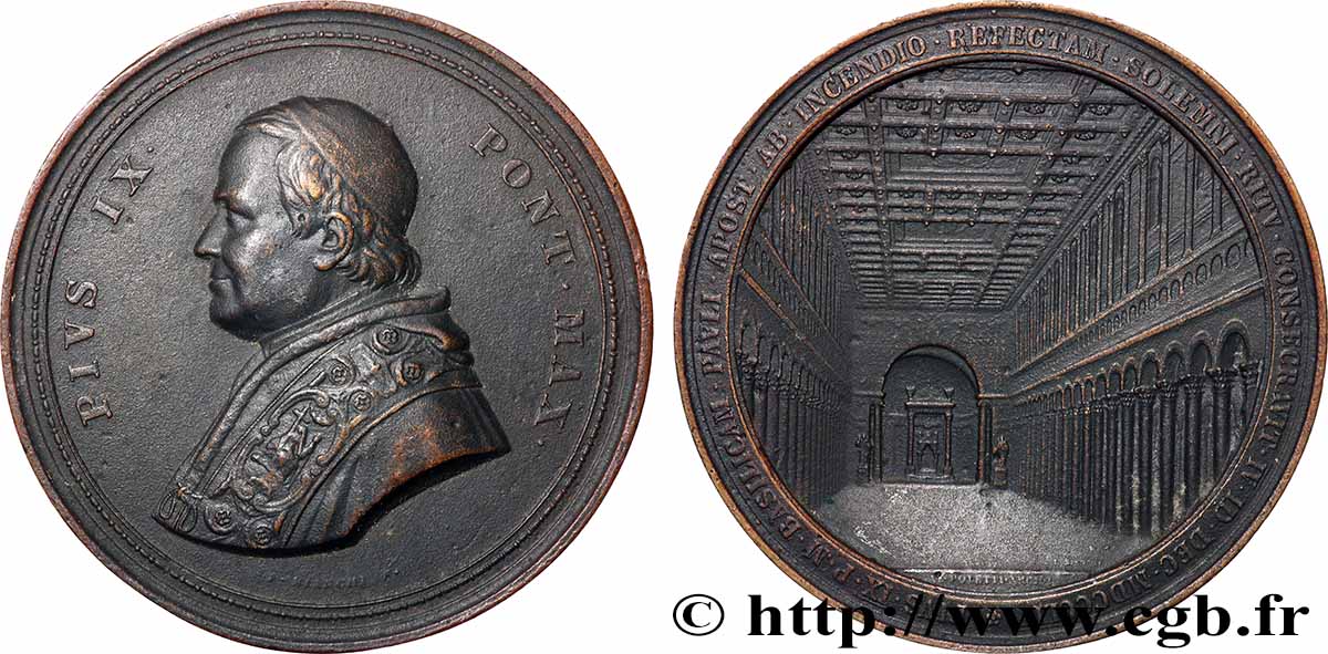 ITALIE - ÉTATS DU PAPE - PIE IX (Jean-Marie Mastai Ferretti) Imposante médaille, réfection de la Basilique Saint Paul TTB