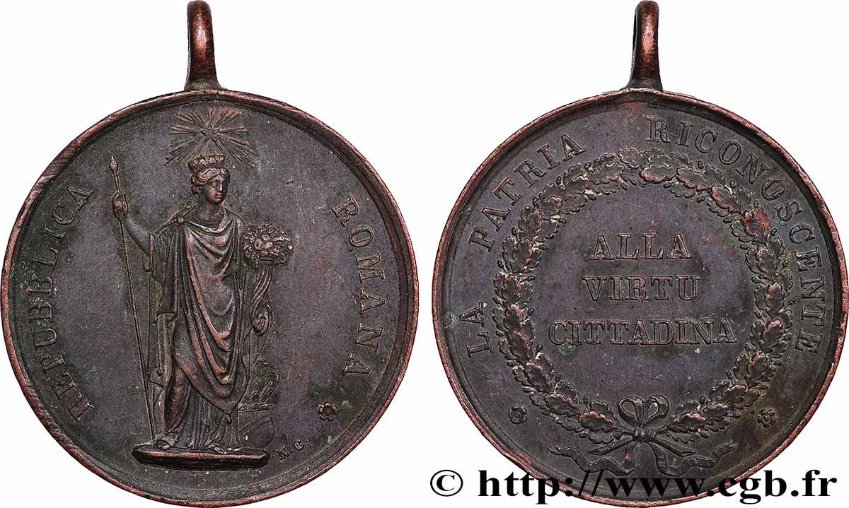 ITALIE - RÉPUBLIQUE ROMAINE (1849) Médaille, La Patrie reconnaissante, Vertu citadine TTB+