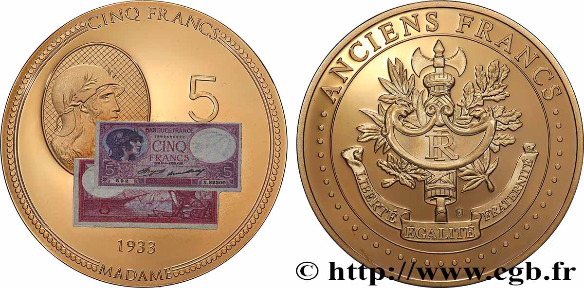 V REPUBLIC Médaille, Anciens 5 francs MS