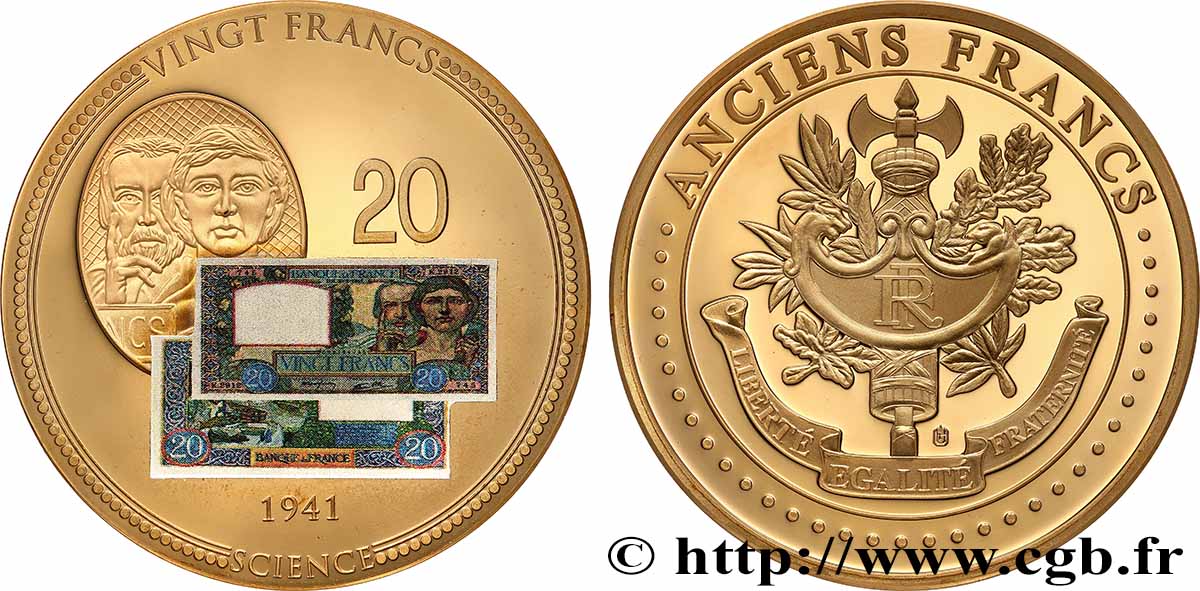 QUINTA REPUBLICA FRANCESA Médaille, Anciens 20 francs SC