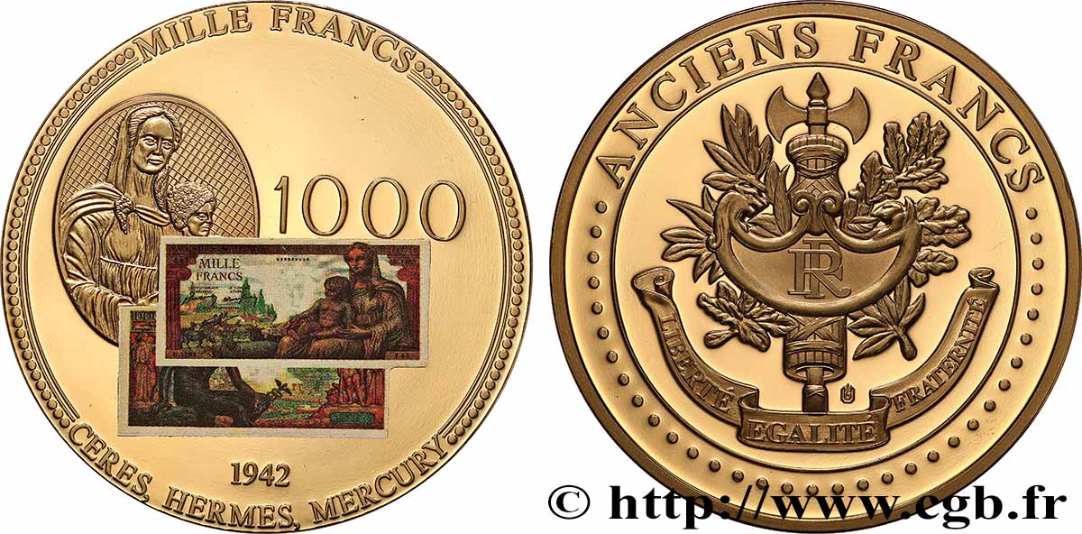 V REPUBLIC Médaille, Anciens 1000 francs MS