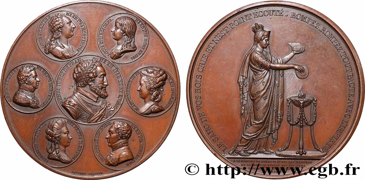 LOUIS XVIII Médaille, Hommage à Henri IV et aux sept membres de la famille royale victimes de la Révolution AU