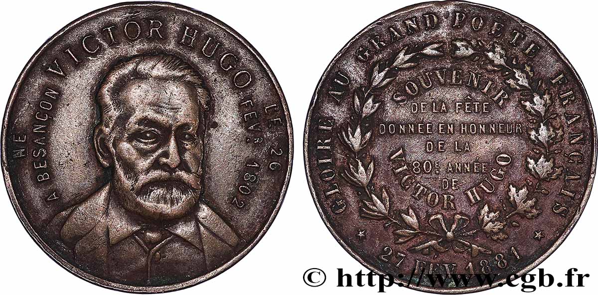 III REPUBLIC Médaillette, Souvenir de la fête, Victor Hugo XF
