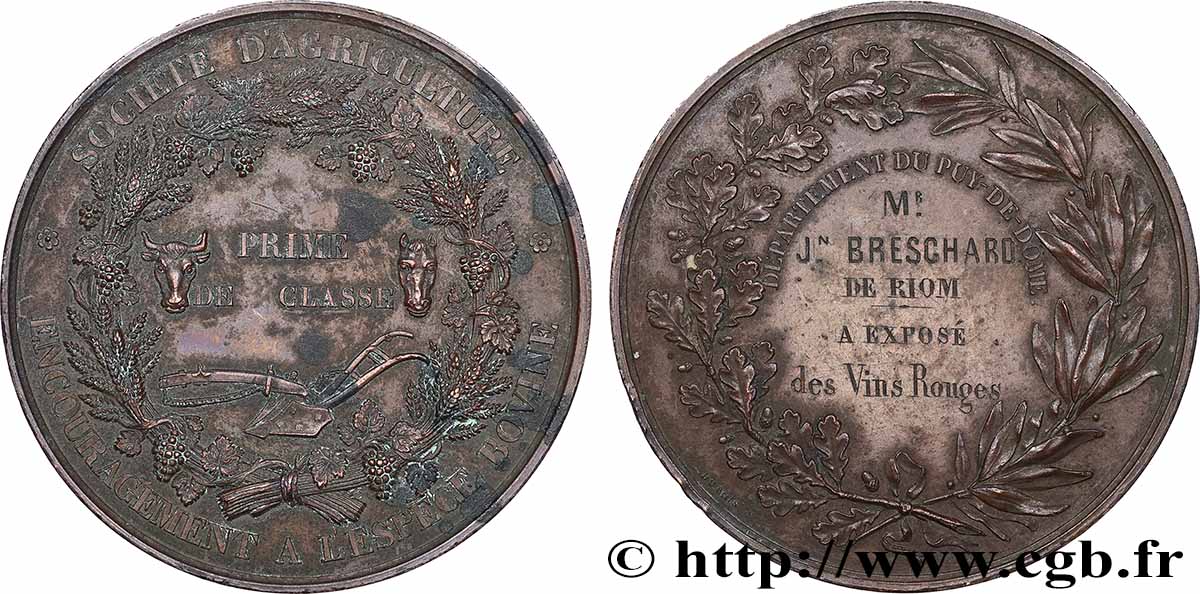 SOCIÉTÉS D&nbsp;AGRICULTURE, HORTICULTURE, PÊCHE ET CHASSE Médaille, Société d’agriculture, encouragement à l’espèce bovine, Prime de classe TTB