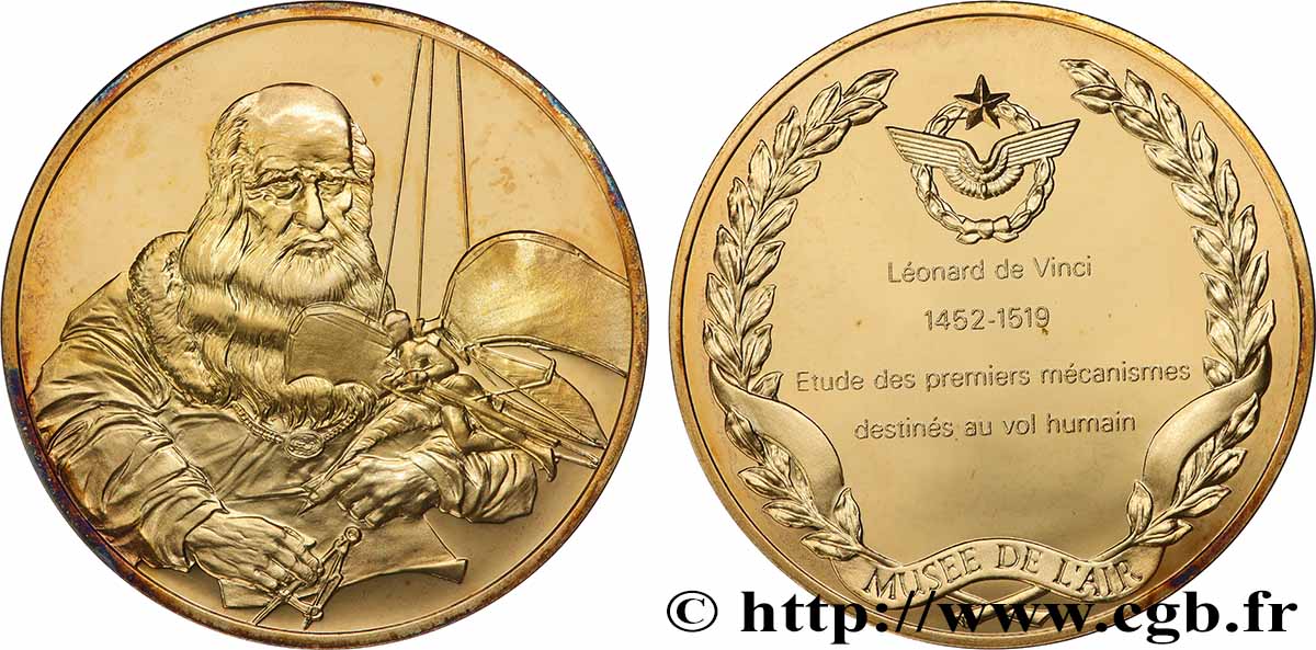 AERONAUTICS - AVIATION : AVIATORS & AIRPLANES Médaille, L’Histoire de la Conquête de l’Air, Léonard de Vinci AU