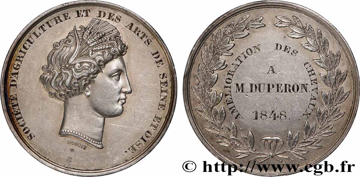 SECOND REPUBLIC Médaille, Société d’agriculture et des arts de Seine et Oise, Amélioration des chevaux AU/XF